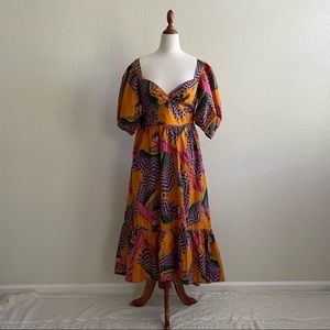 FARM RIO orange beaded macaws puff sleeve midi dress